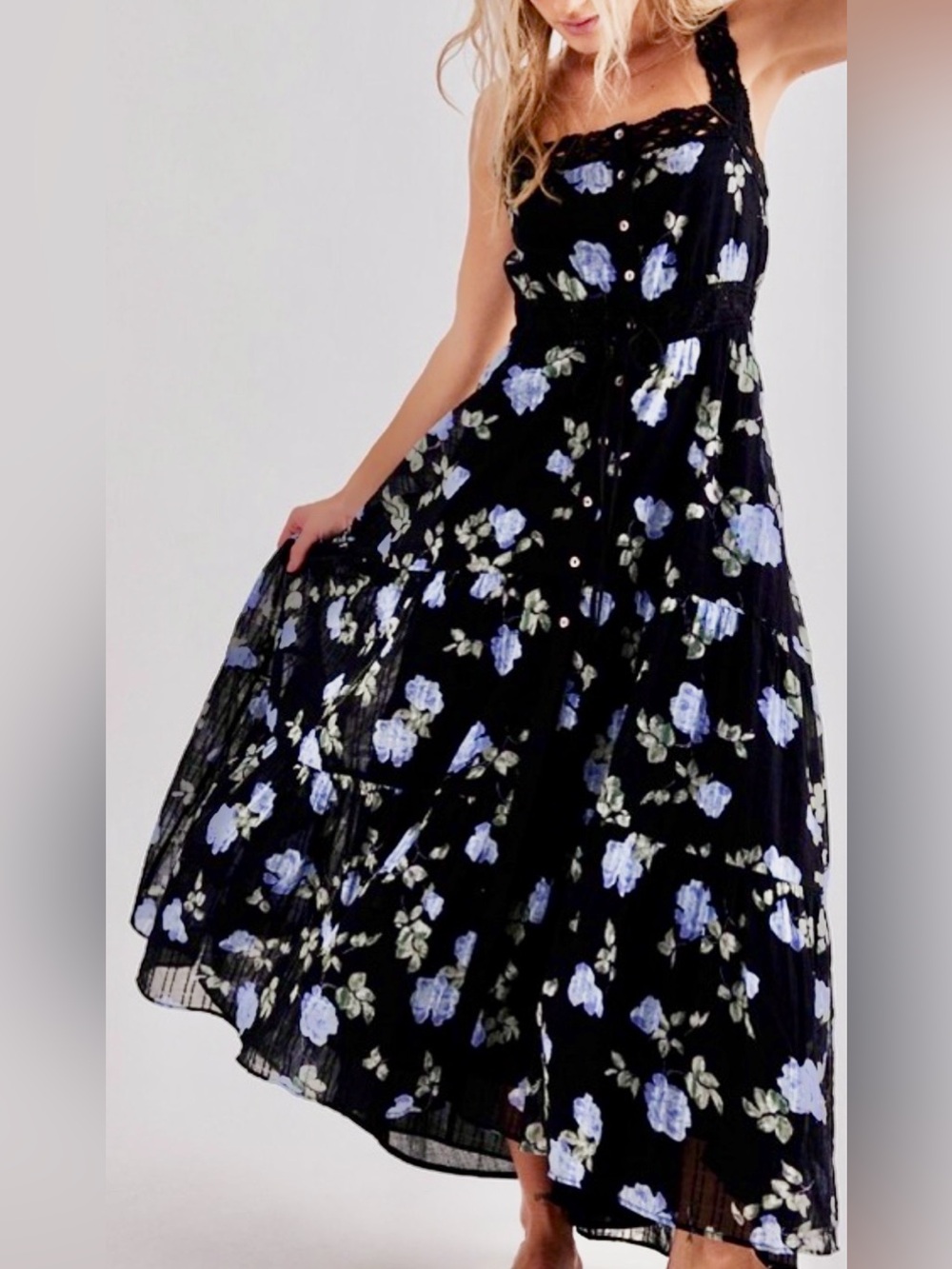 Free People Inspired Morning Meadows tiered maxi dress with black lace trim